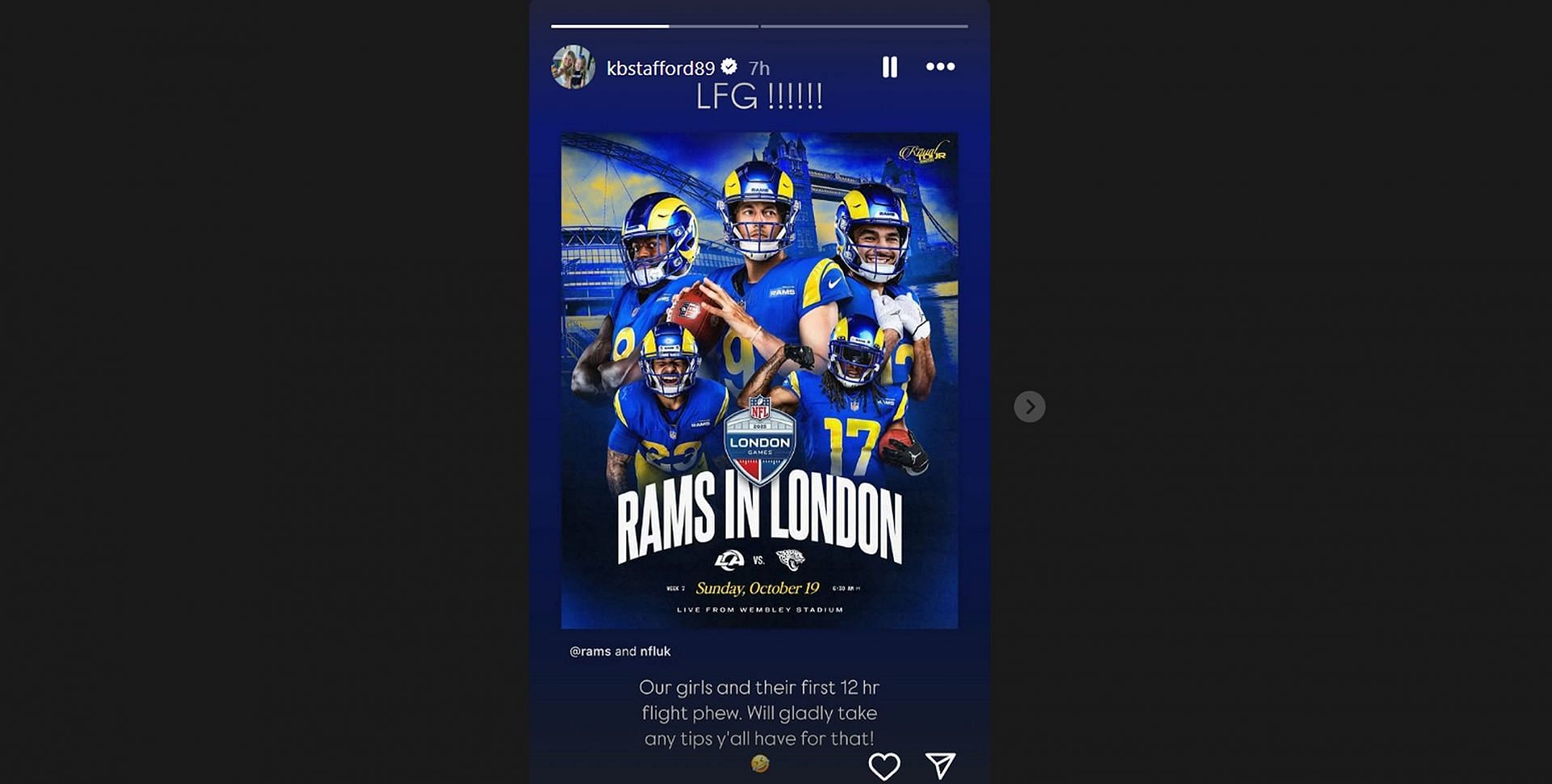 Matthew Stafford's wife Kelly makes feelings known on Rams vs. Jaguars London showdown/@kbstafford89
